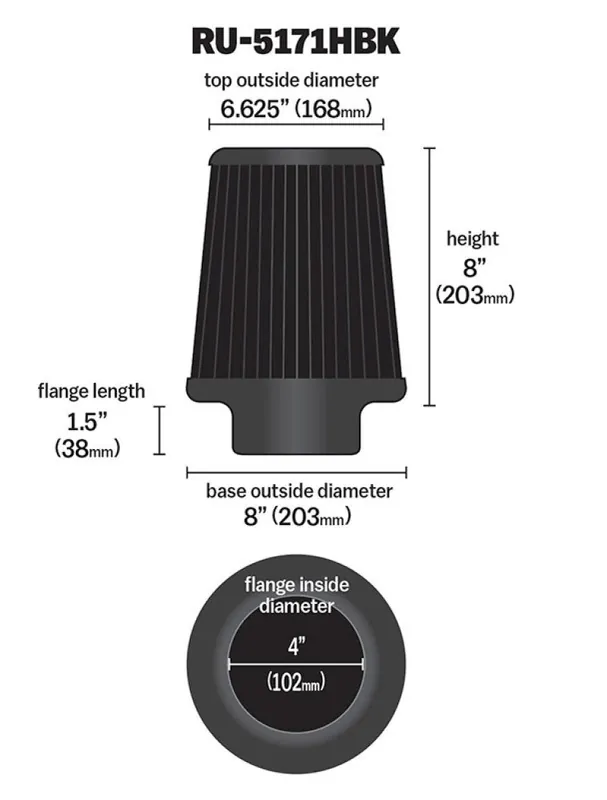 New Release K&N Universal Rubber Filter-Round Tapered 4in Flange ID x 8in Base OD